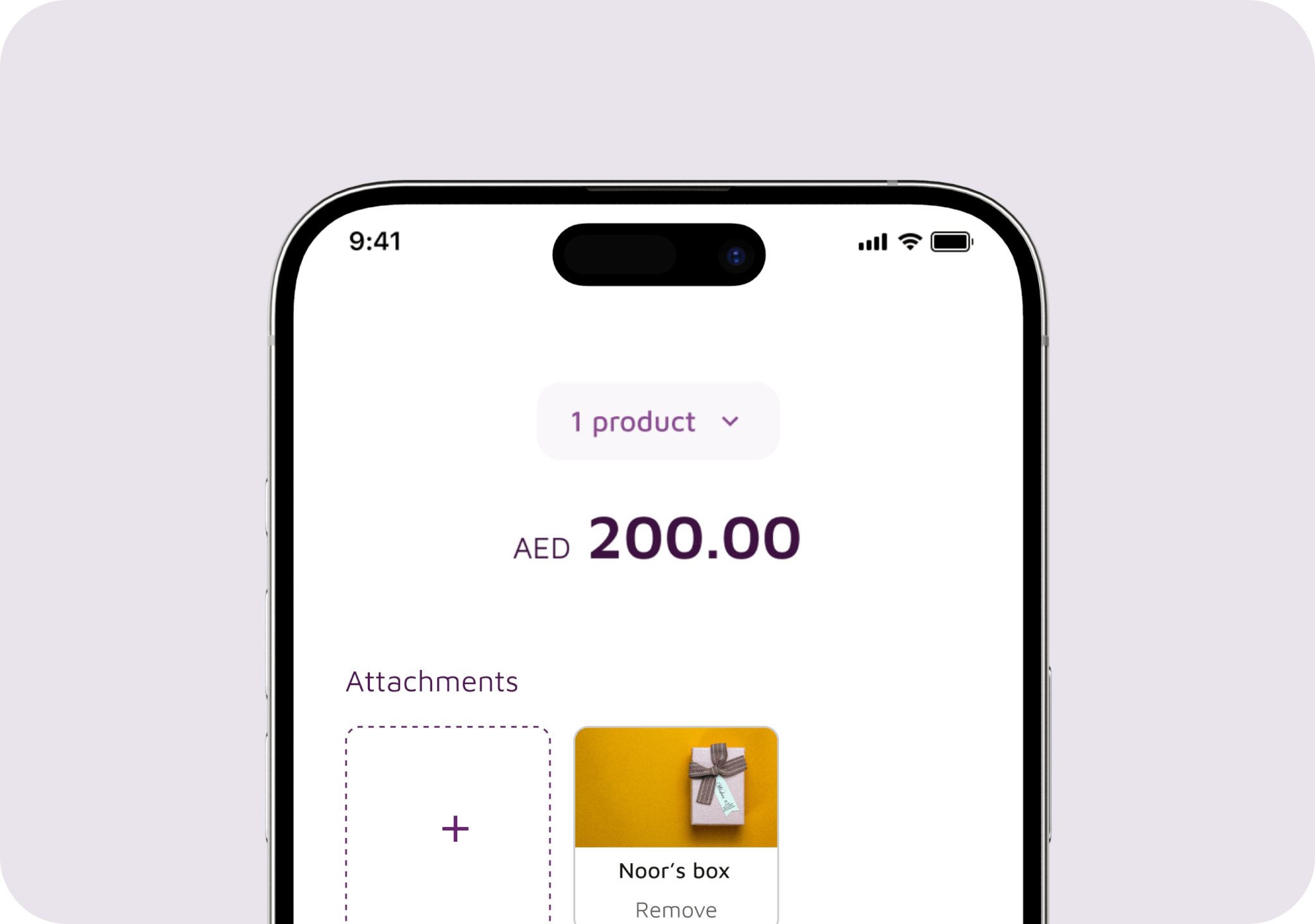 A phone mockup with an order page including order amount, products and attachments