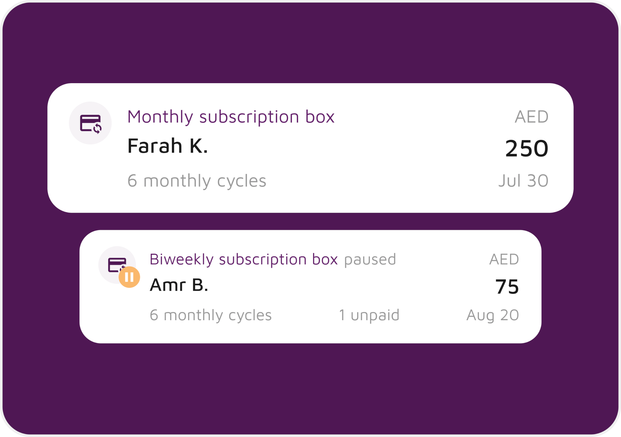 Cards with subscription details such as subscription name, value and assigned customer