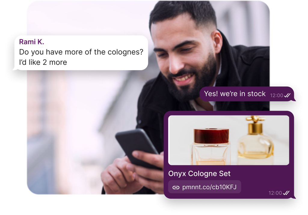 A man using his phone with chat bubbles asking for new colognes. The seller responds by sending a payment link