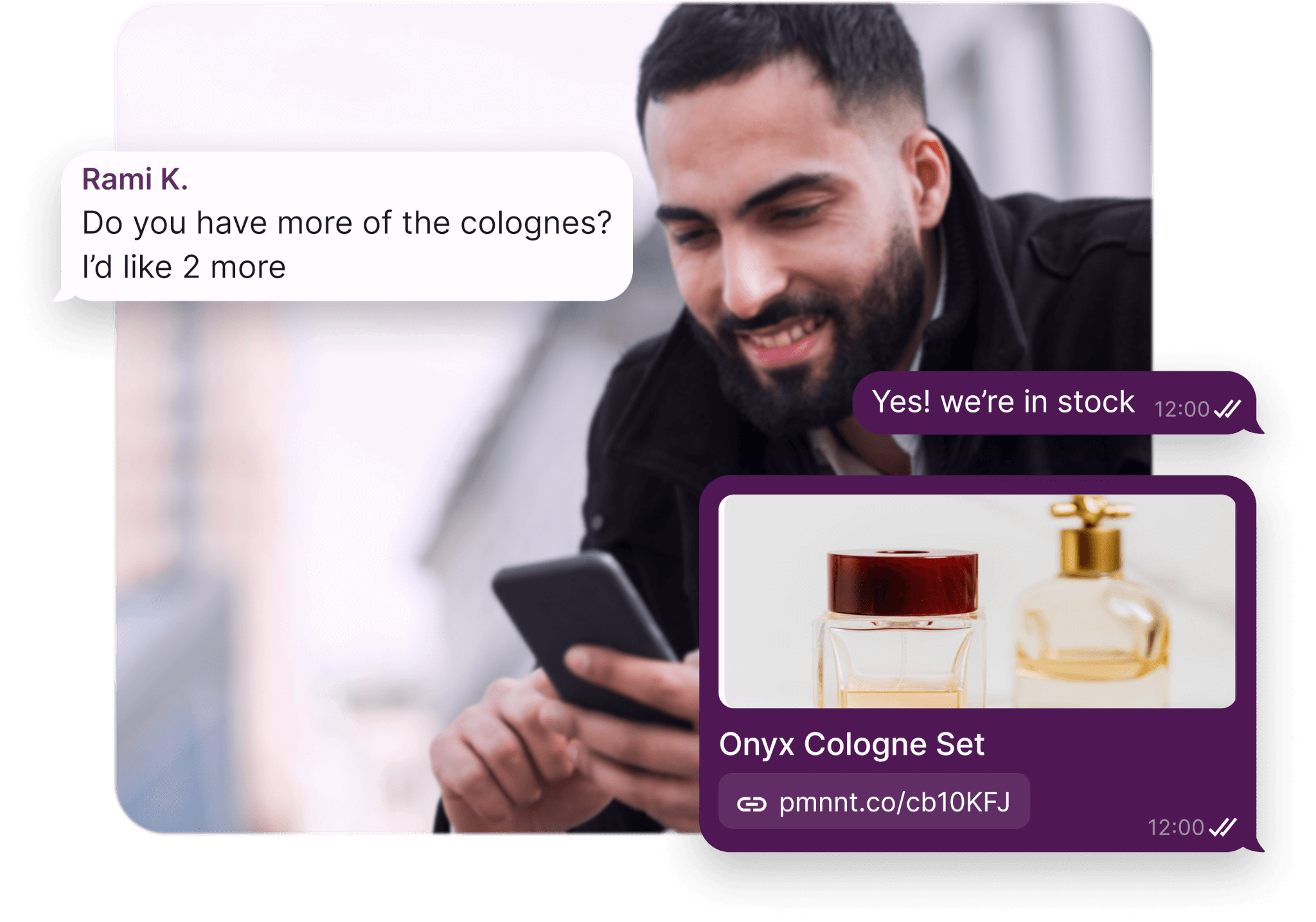 A man using his phone with chat bubbles asking for new colognes. The seller responds by sending a payment link