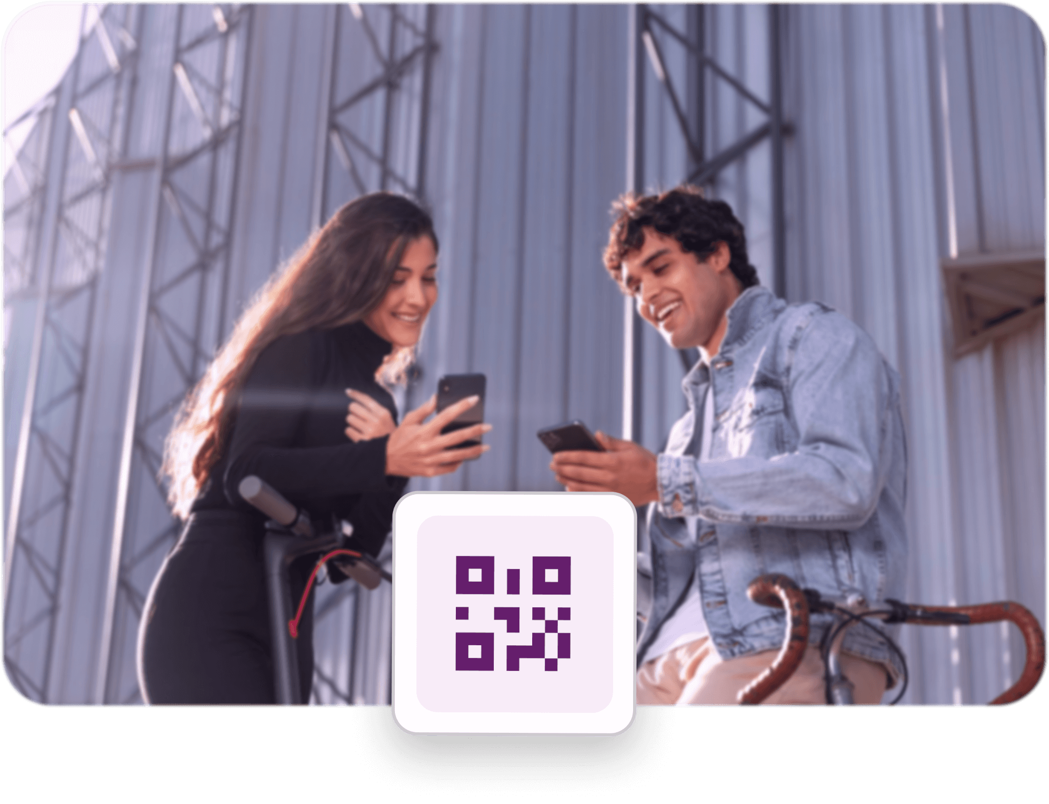 Two people using their phones with a QR code between them