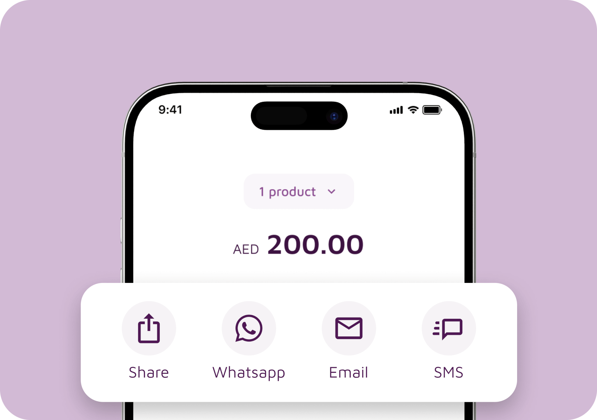 A phone mockup with an order screen and options to send the payment link via whatsapp, email or SMS