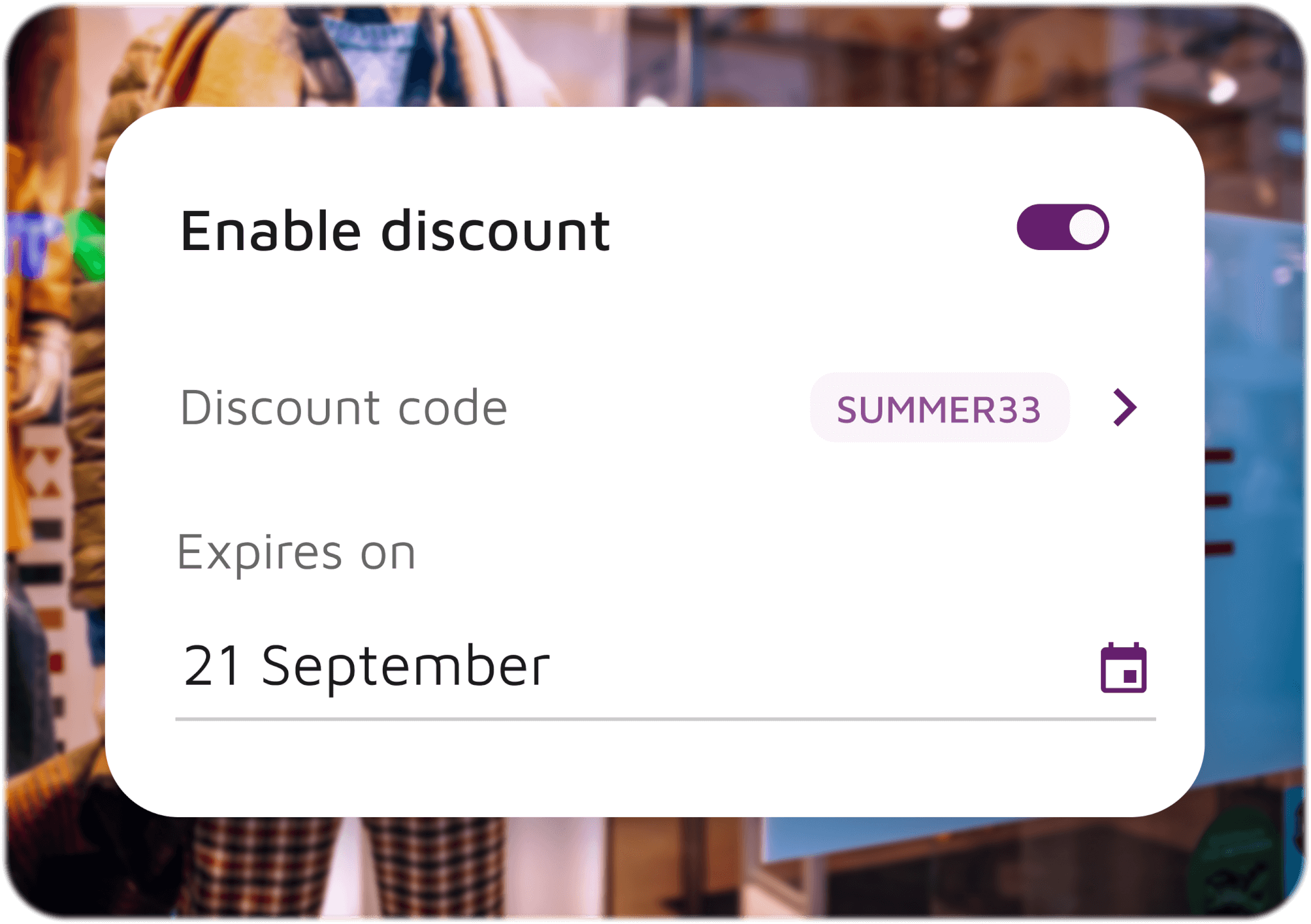 A discount window with a discount code and expiry date