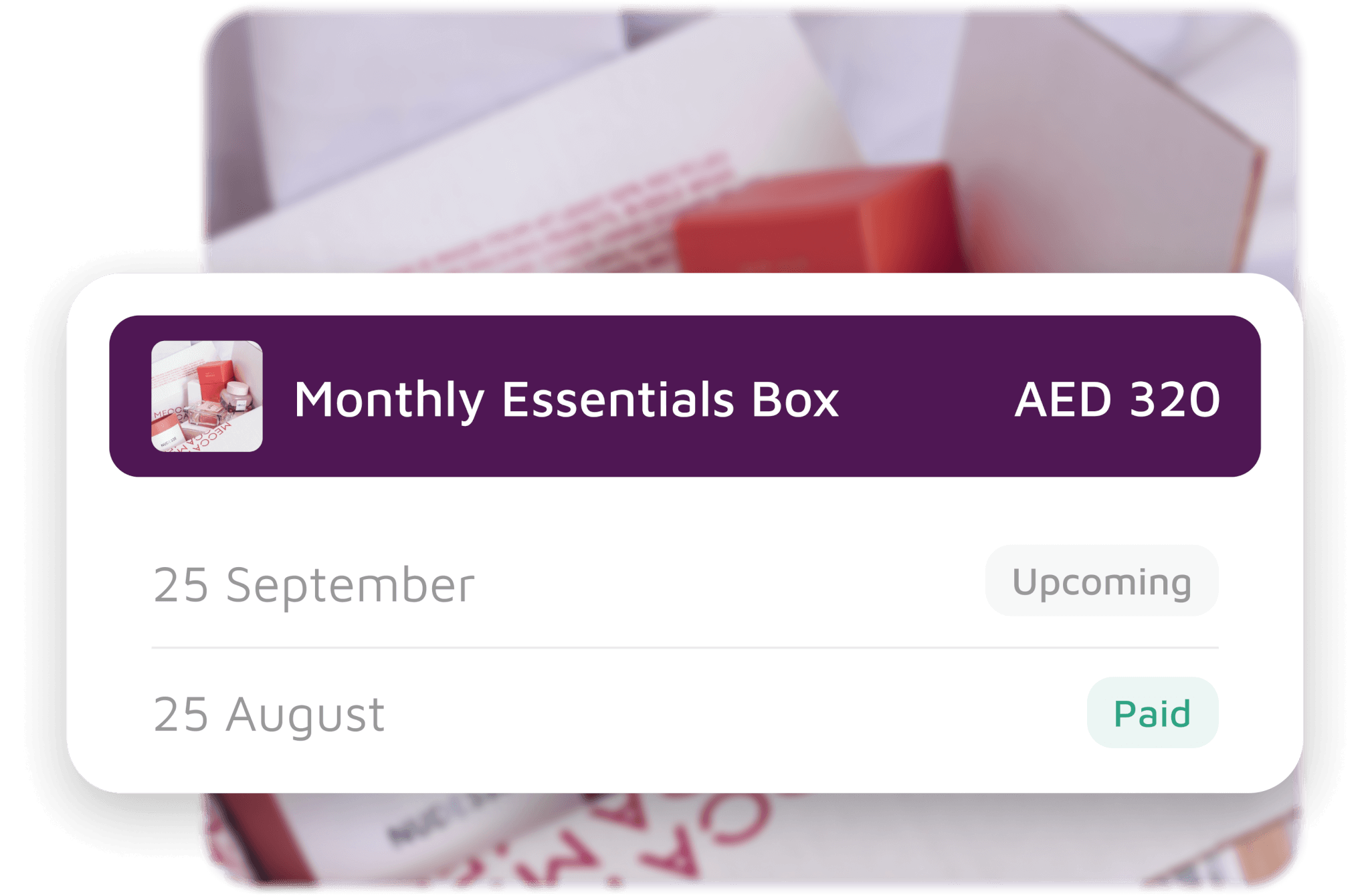 A modal that shows a subscription box and a history of payments